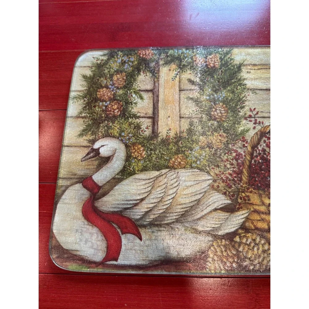 Holiday Swan Glass Cutting Board Rustic Winter Wreath Berry Basket 15x11.5